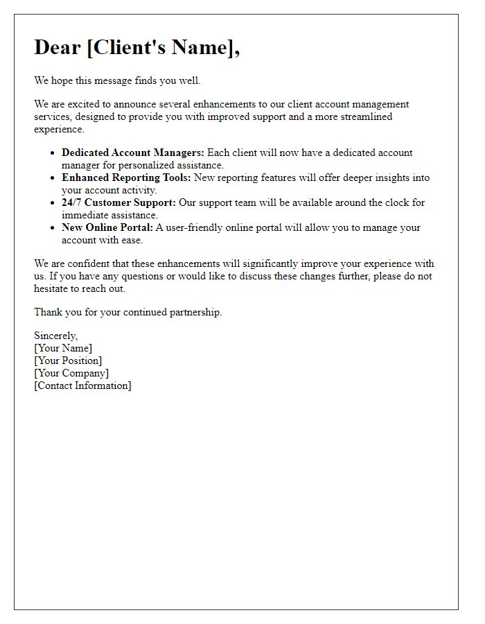 Letter template of client account management service enhancement