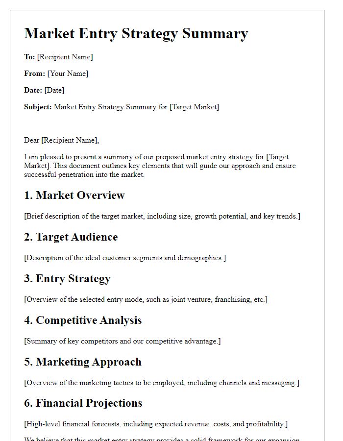 Letter template of market entry strategy summary