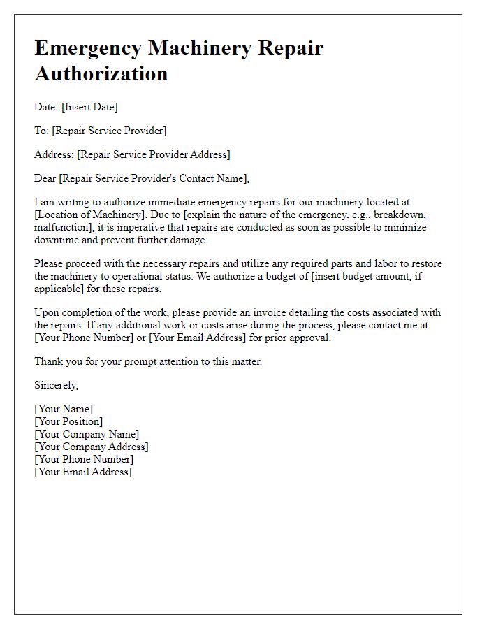 Letter template of emergency machinery repair authorization.