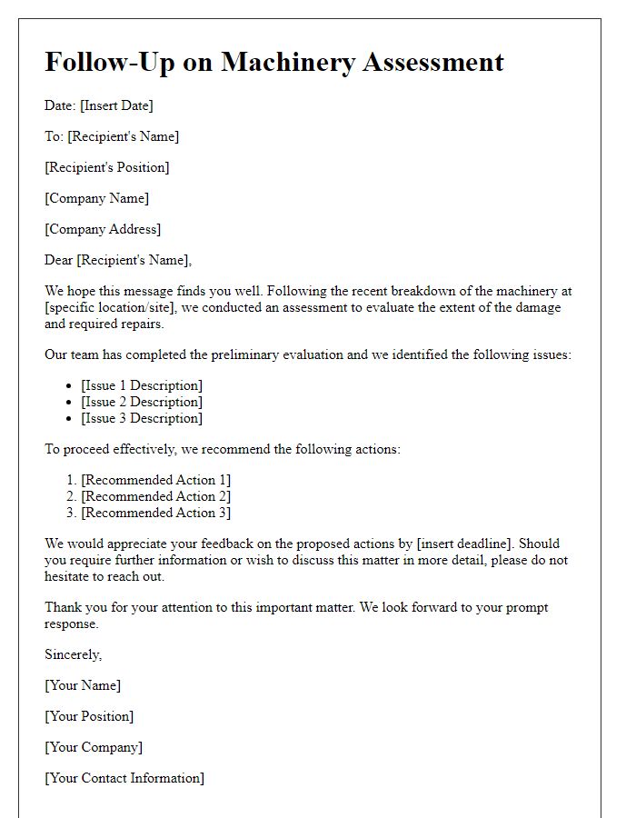 Letter template of machinery assessment follow-up after breakdown.