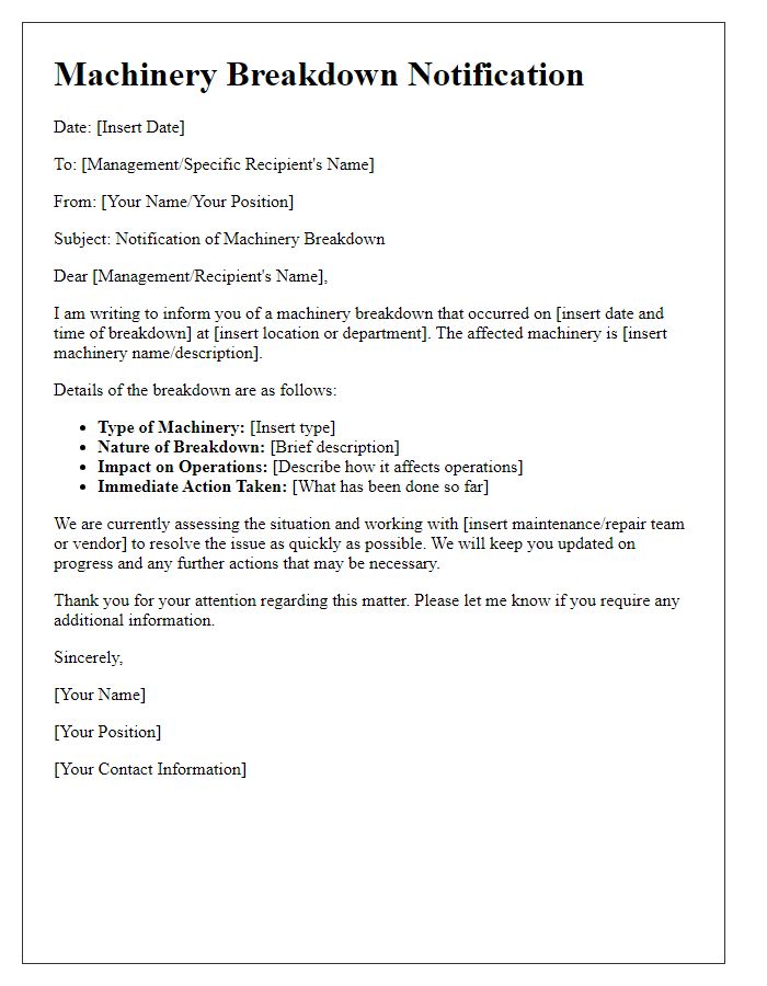 Letter template of machinery breakdown notification to management.