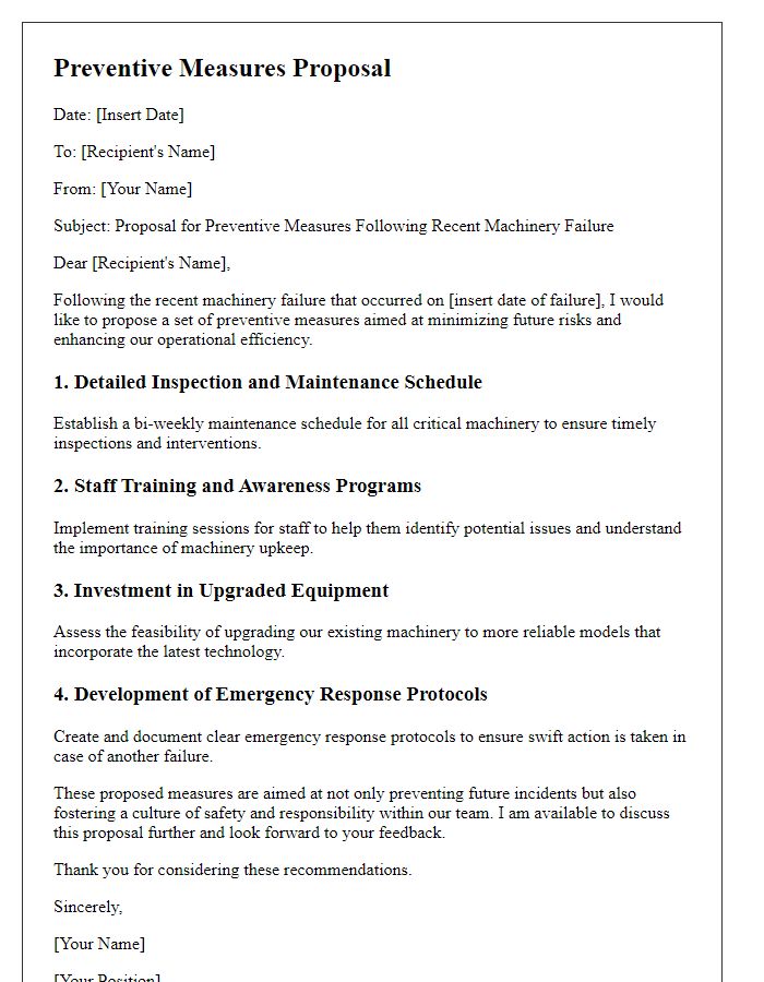 Letter template of preventive measures proposal post-machinery failure.