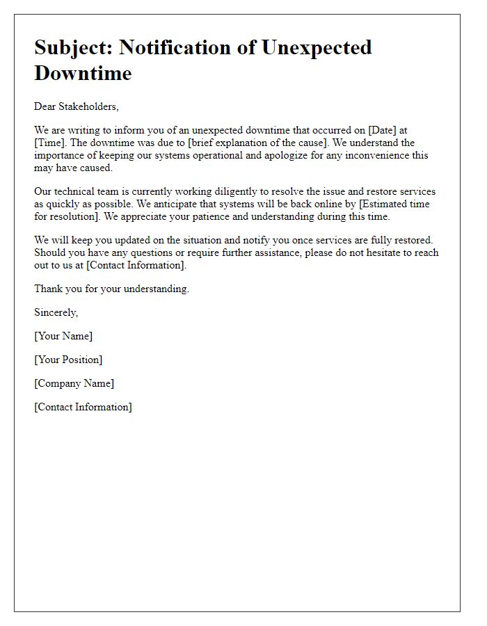 Letter template of unexpected downtime communication to stakeholders.