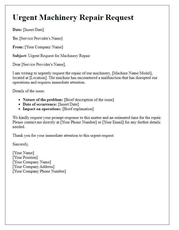 Letter template of urgent machinery repair request to service providers.