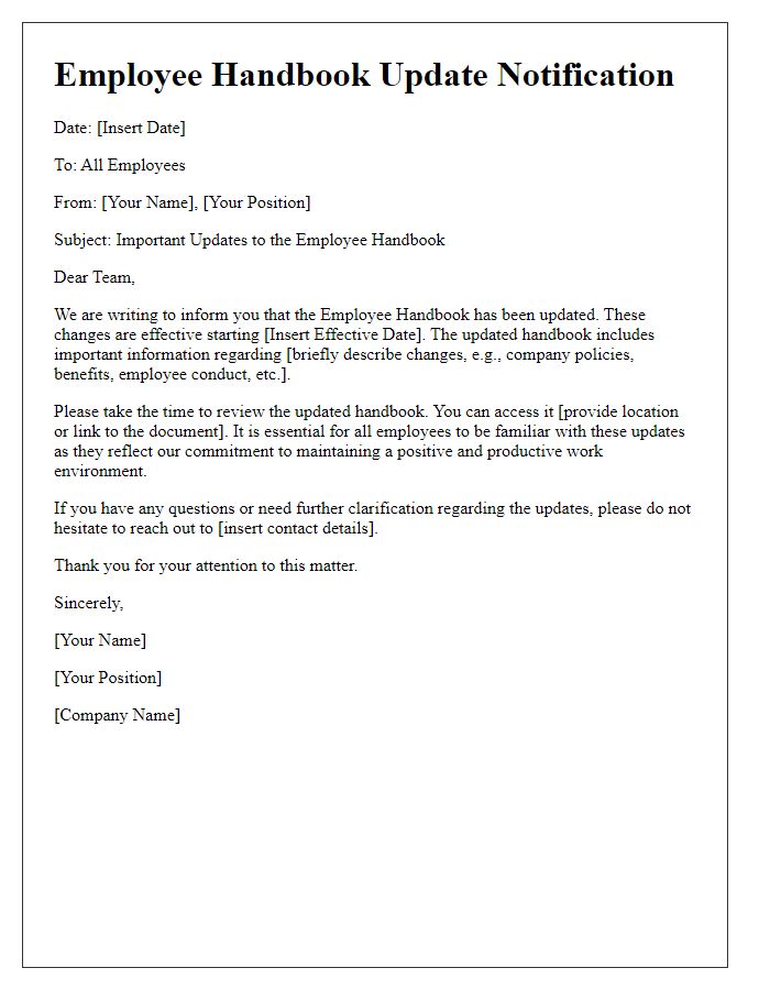 Letter template of employee handbook update notification
