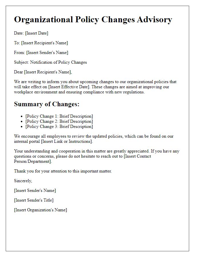 Letter template of organizational policy changes advisory