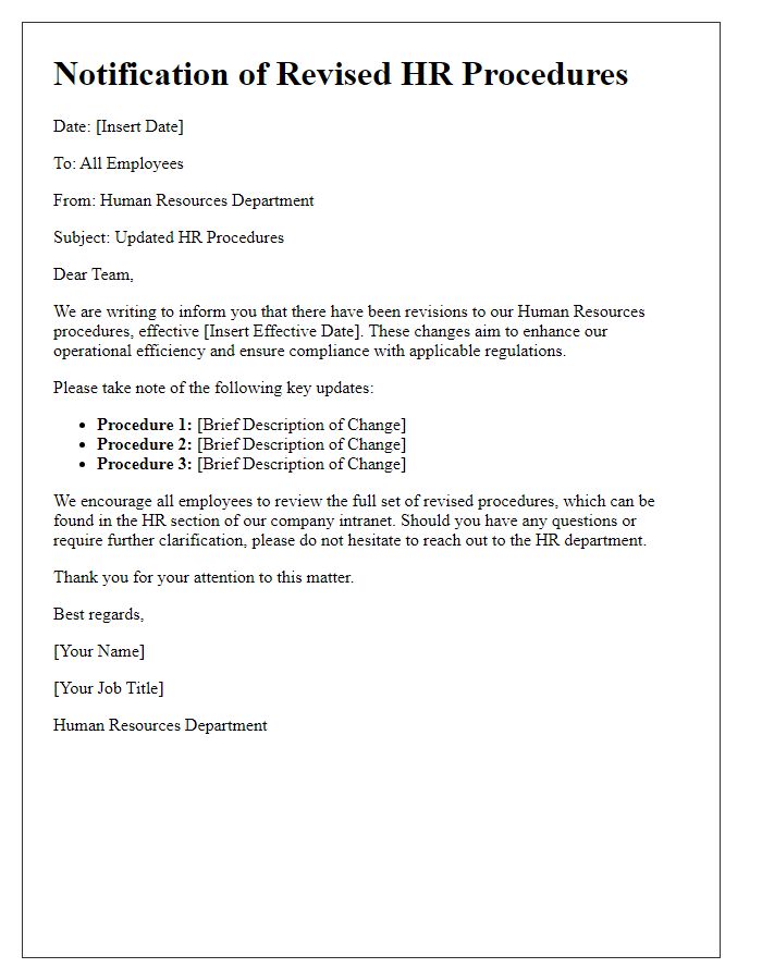 Letter template of revised HR procedures notification