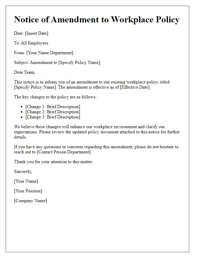 Letter template of workplace policy amendment notice