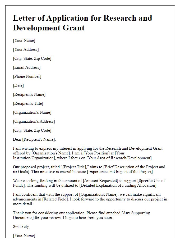 Letter template of application for research and development grants