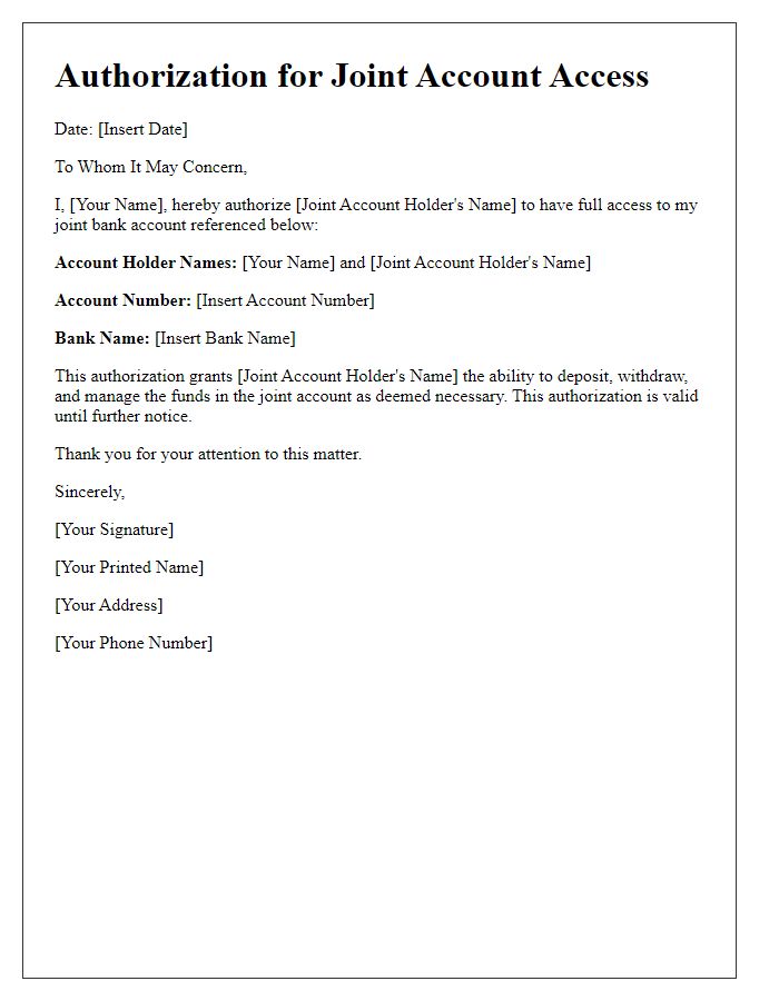 Letter template of Authorization for Joint Account Access