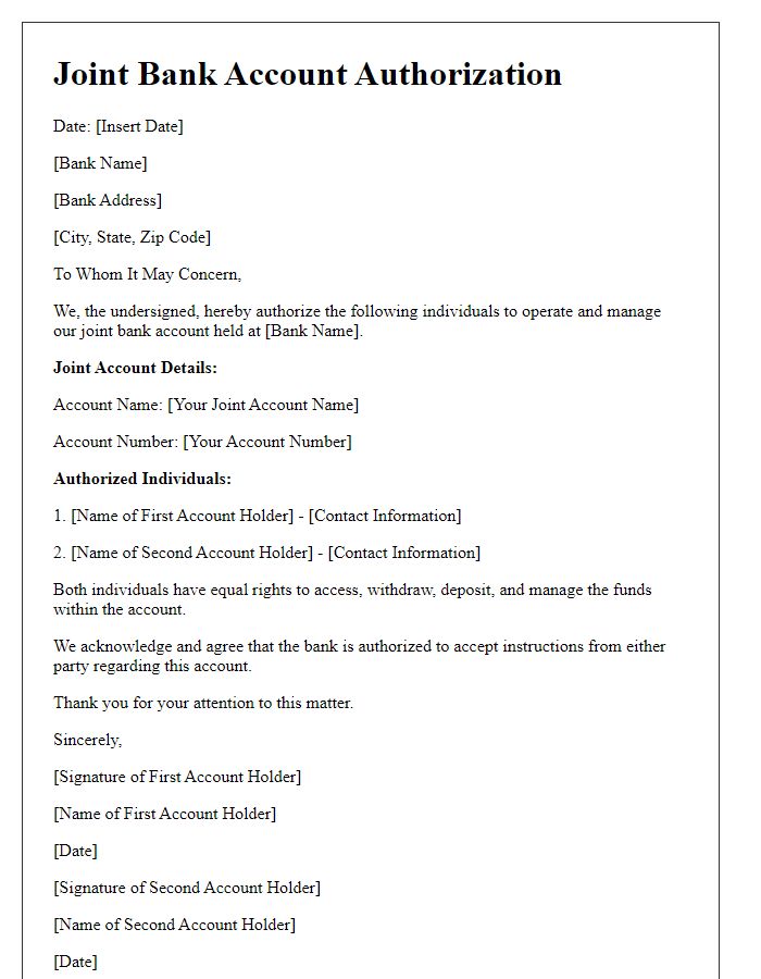 Letter template of Joint Bank Account Authorization