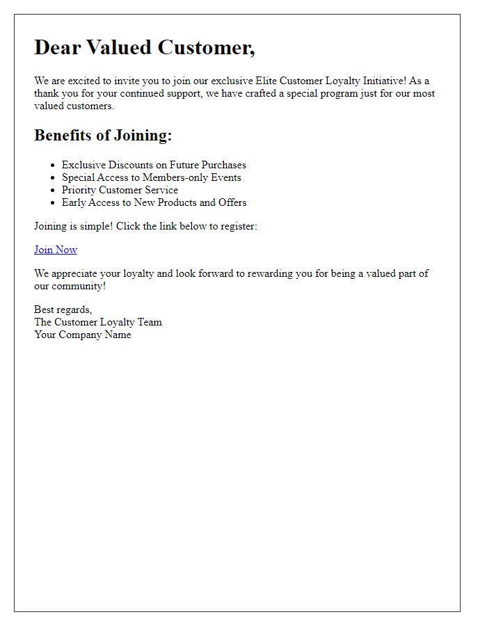 Letter template of join our elite customer loyalty initiative