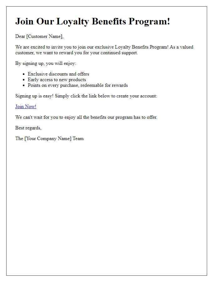 Letter template of sign-up invitation for our loyalty benefits program