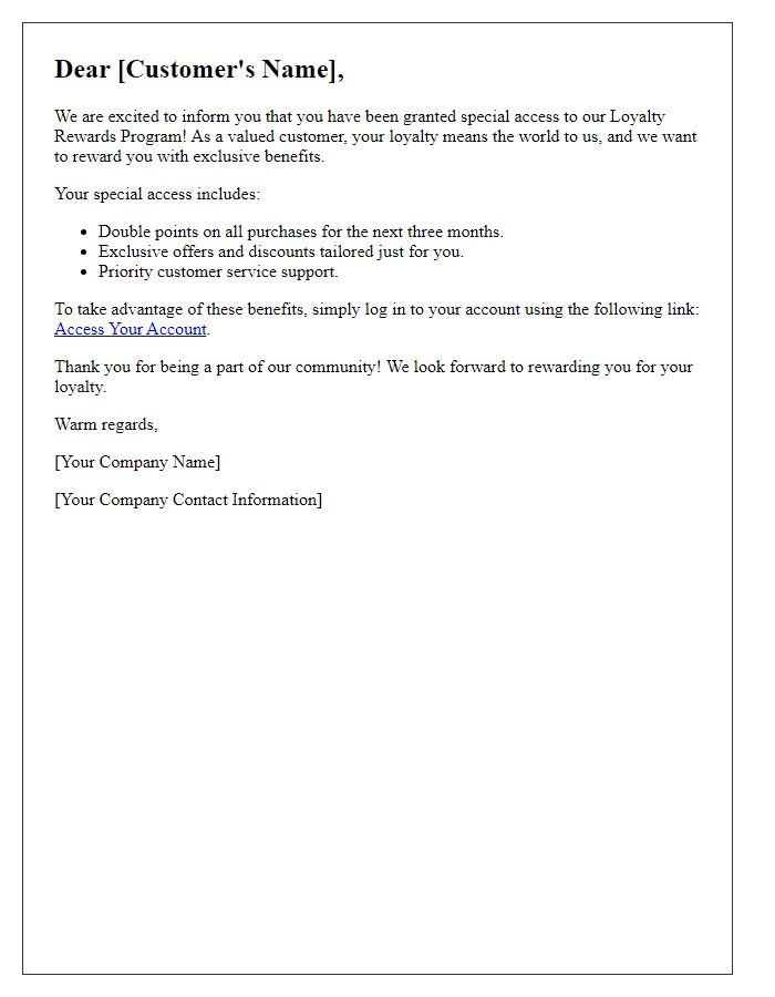 Letter template of special access to our loyalty rewards program