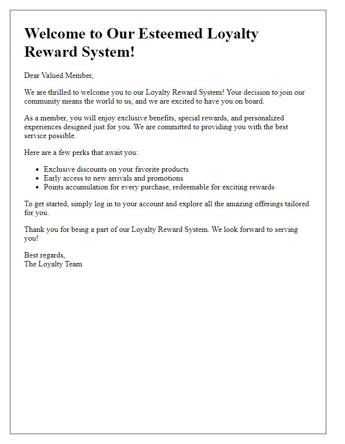 Letter template of welcome to our esteemed loyalty reward system