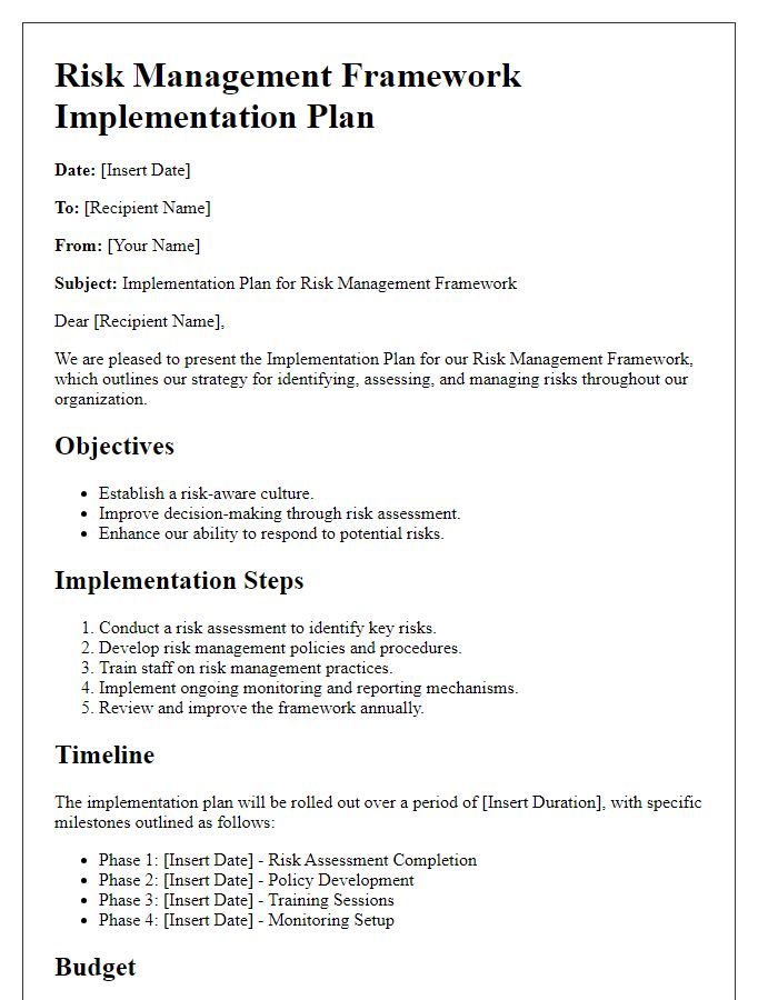 Letter template of risk management framework implementation plan