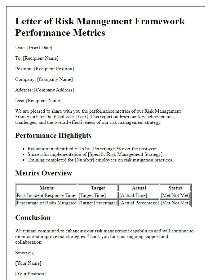 Letter template of risk management framework performance metrics