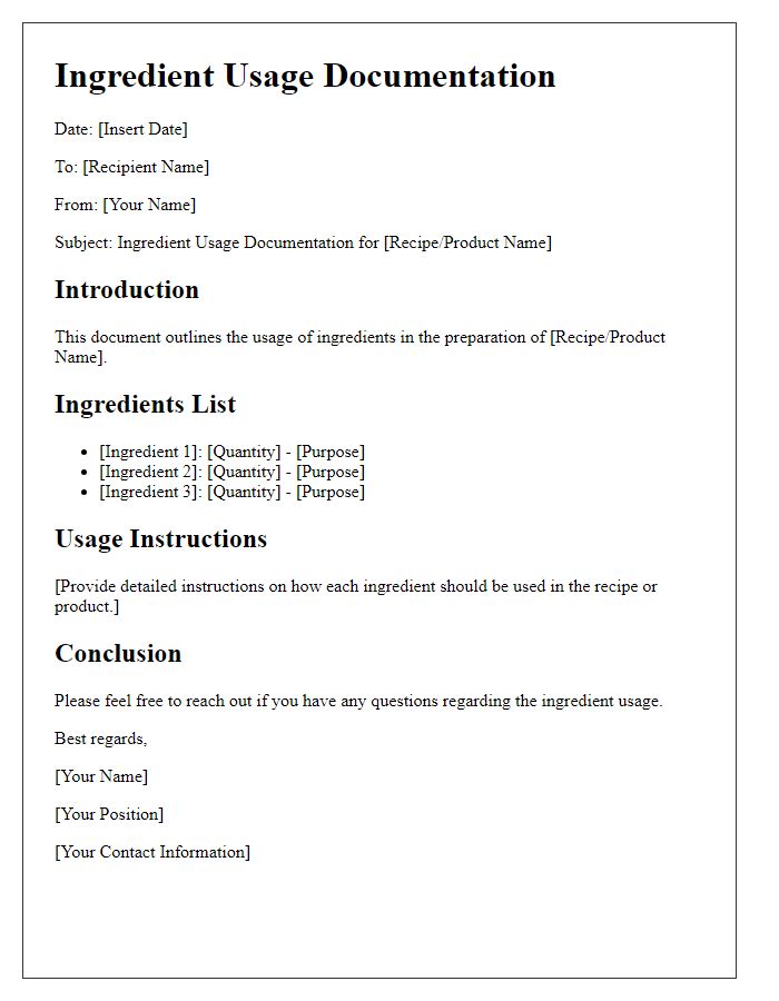 Letter template of ingredient usage documentation