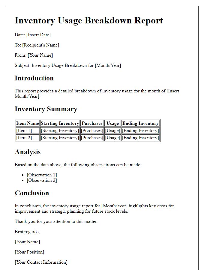 Letter template of inventory usage breakdown