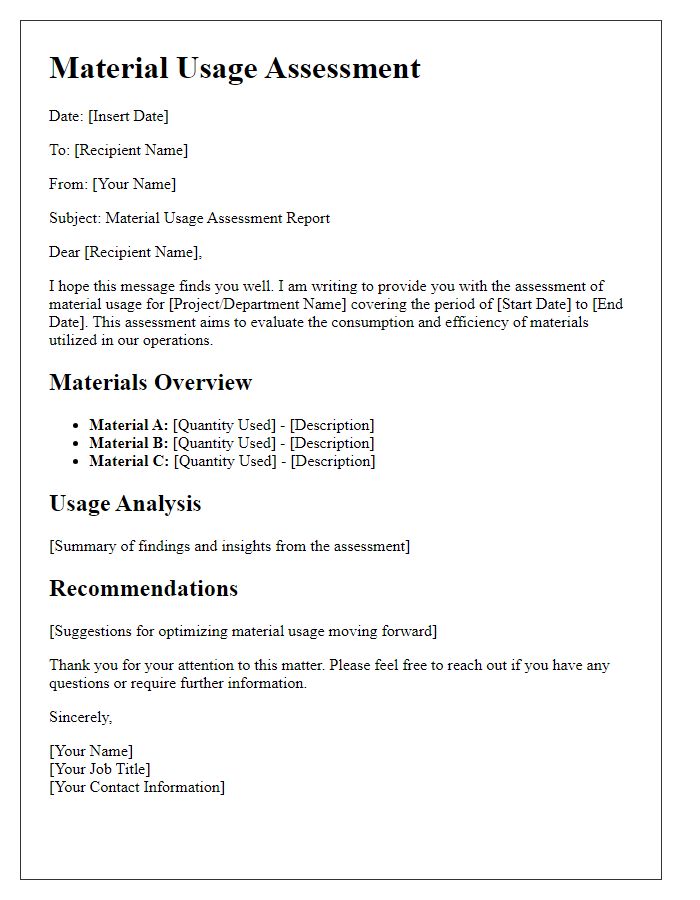 Letter template of material usage assessment