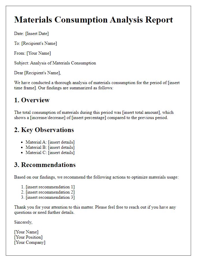 Letter template of materials consumption analysis