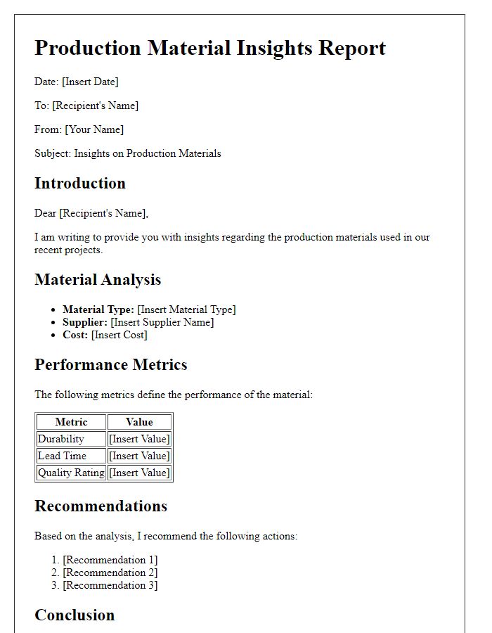 Letter template of production material insights