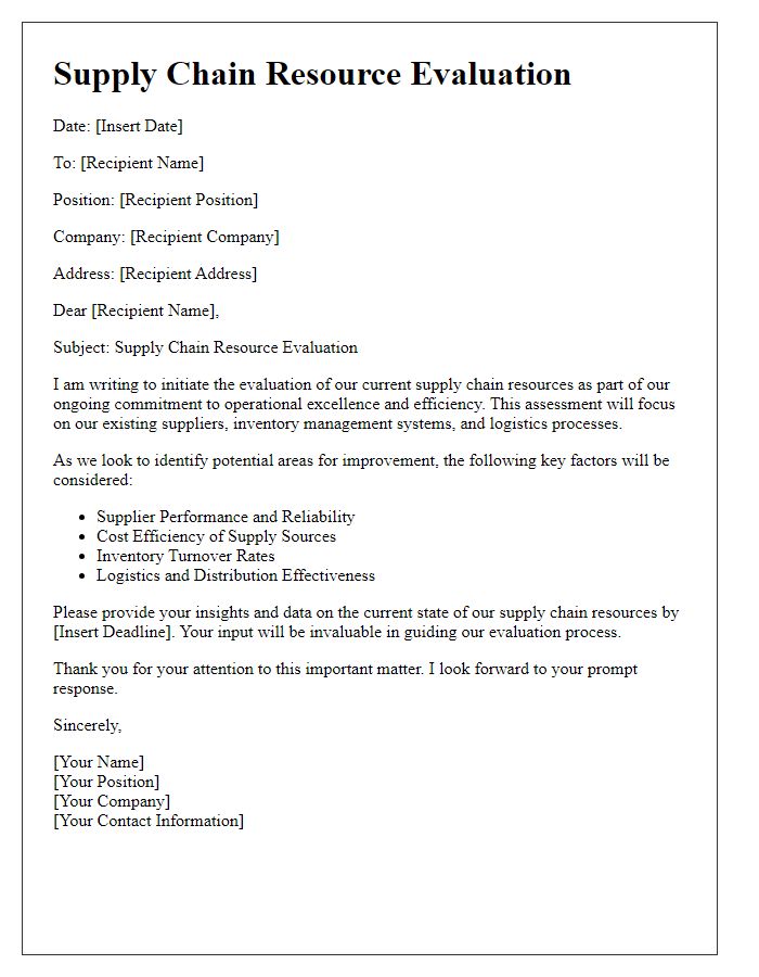 Letter template of supply chain resource evaluation