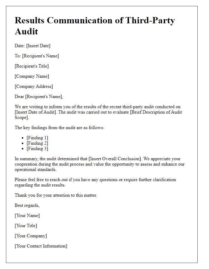 Letter template of results communication for third-party audit