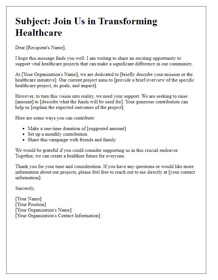 Letter template of fundraising campaign pitch for healthcare projects