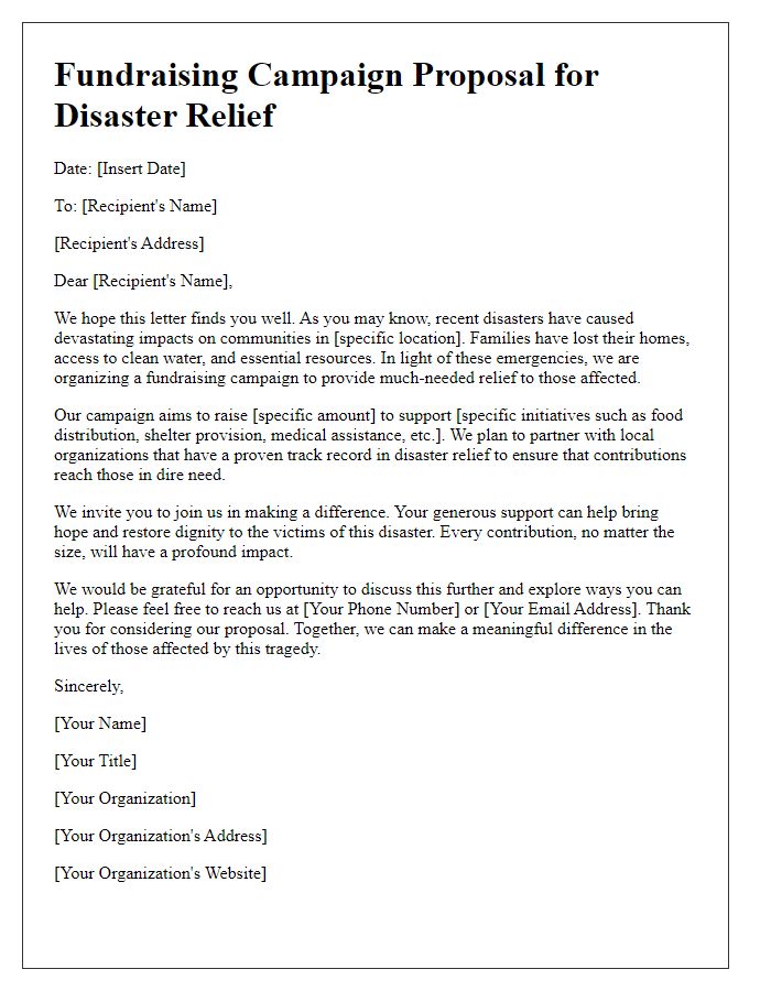 Letter template of fundraising campaign proposal for disaster relief