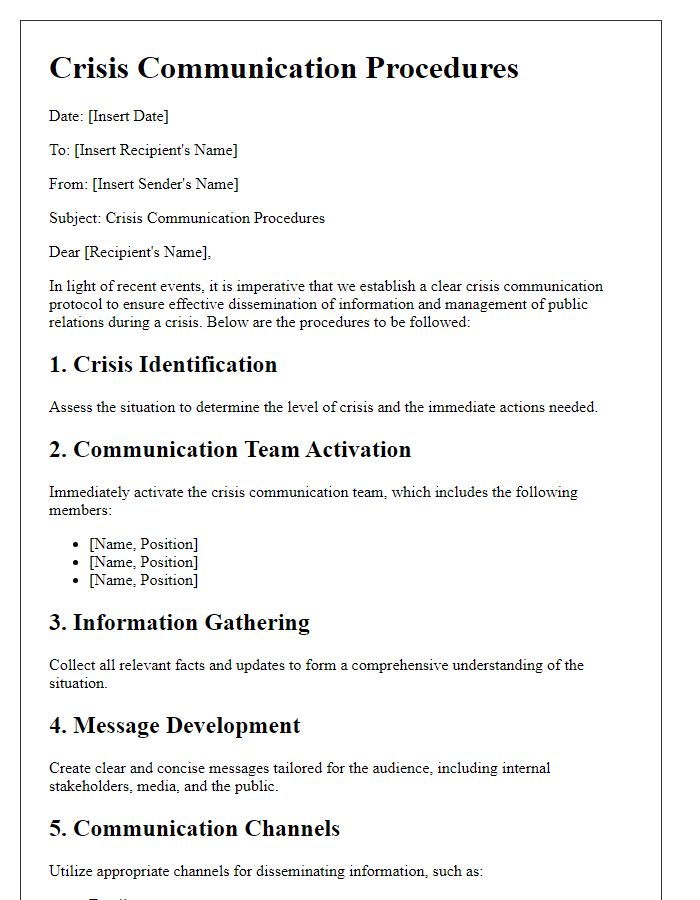 Letter template of crisis communication procedures