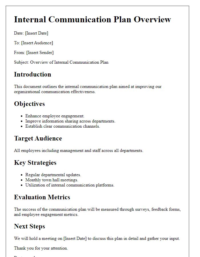 Letter template of internal communication plan overview