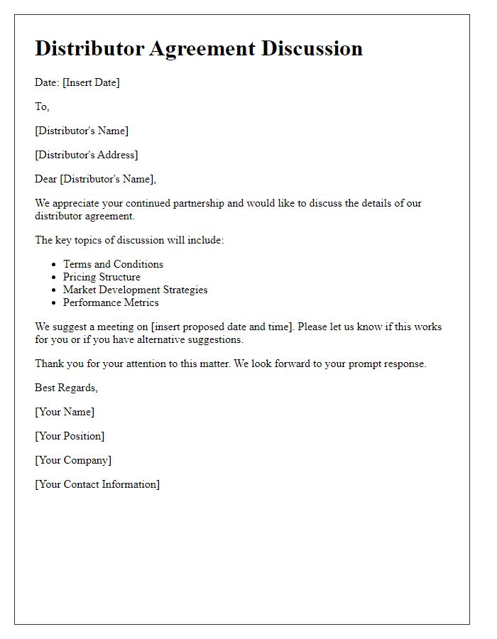 Letter template of distributor agreement discussion