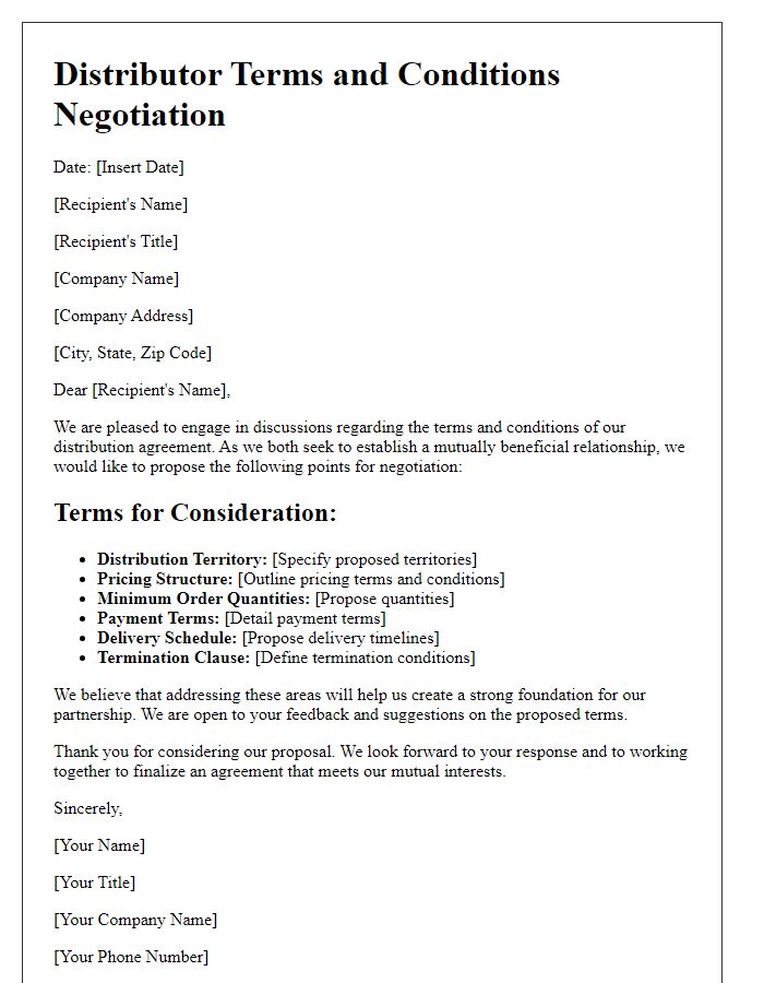 Letter template of distributor terms and conditions negotiation