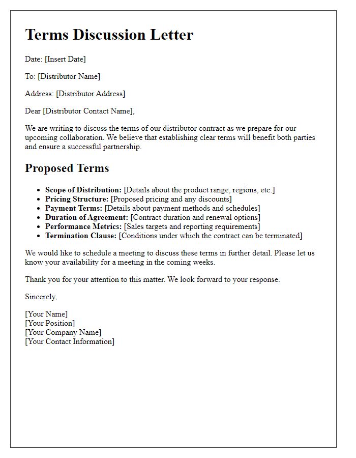 Letter template of terms discussion for distributor contract