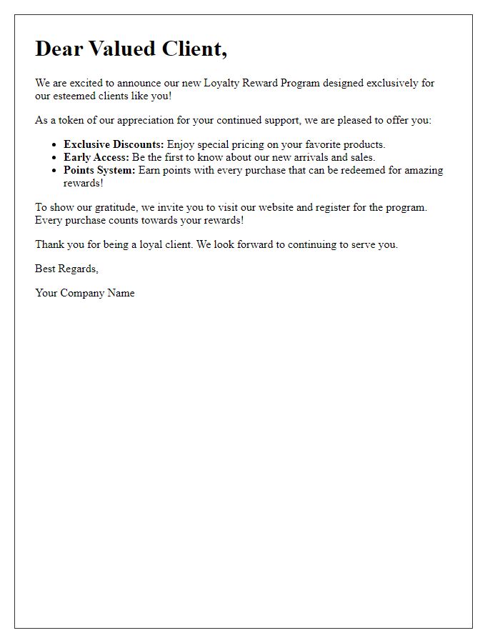 Letter template of loyalty reward announcement for valued clients