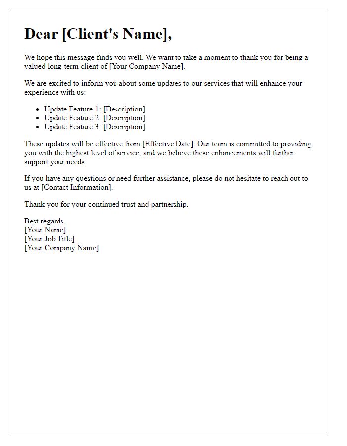 Letter template of service update notification for long-term clients