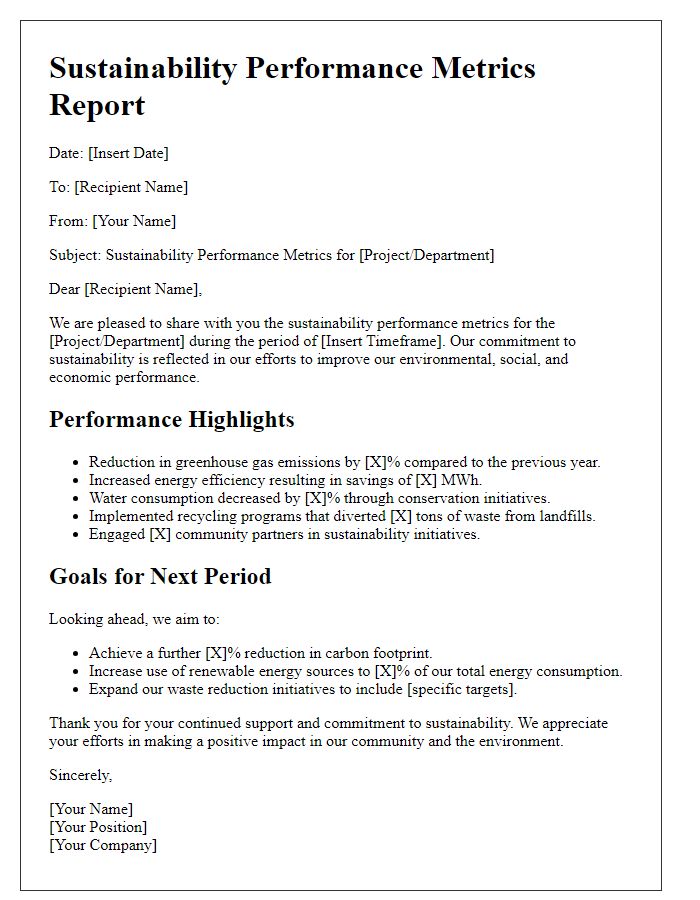 Letter template of sustainability performance metrics