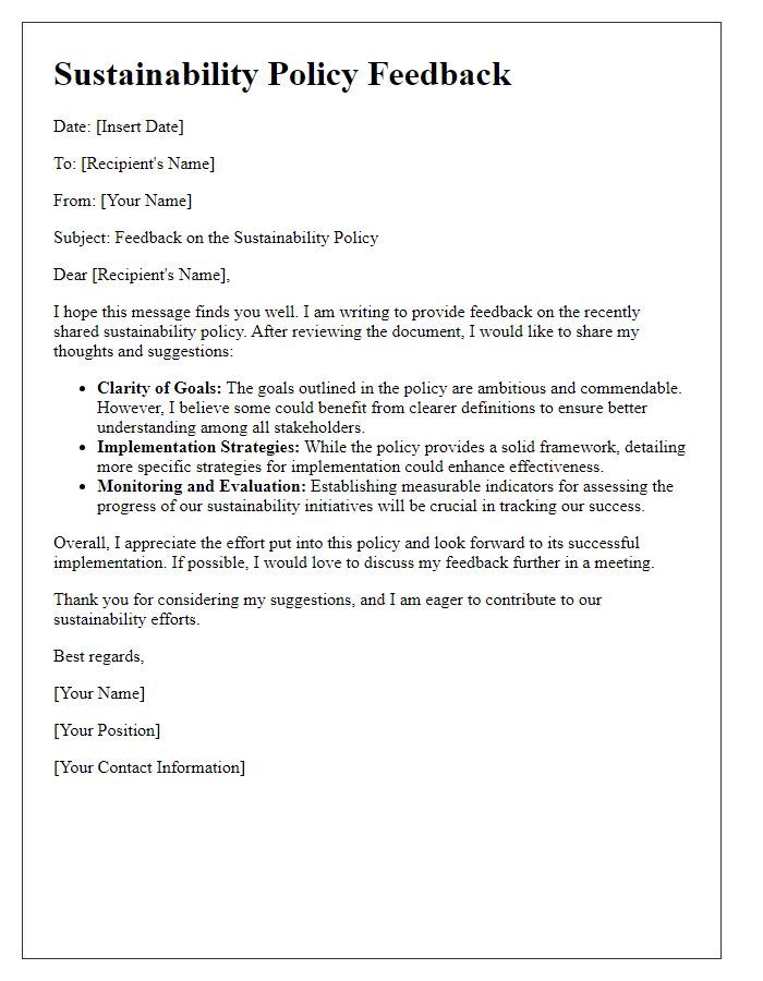 Letter template of sustainability policy feedback