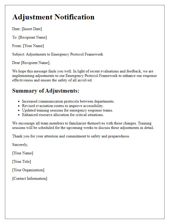 Letter template of adjustments to emergency protocol framework