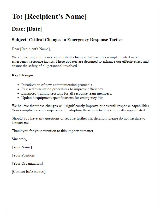 Letter template of critical changes in emergency response tactics