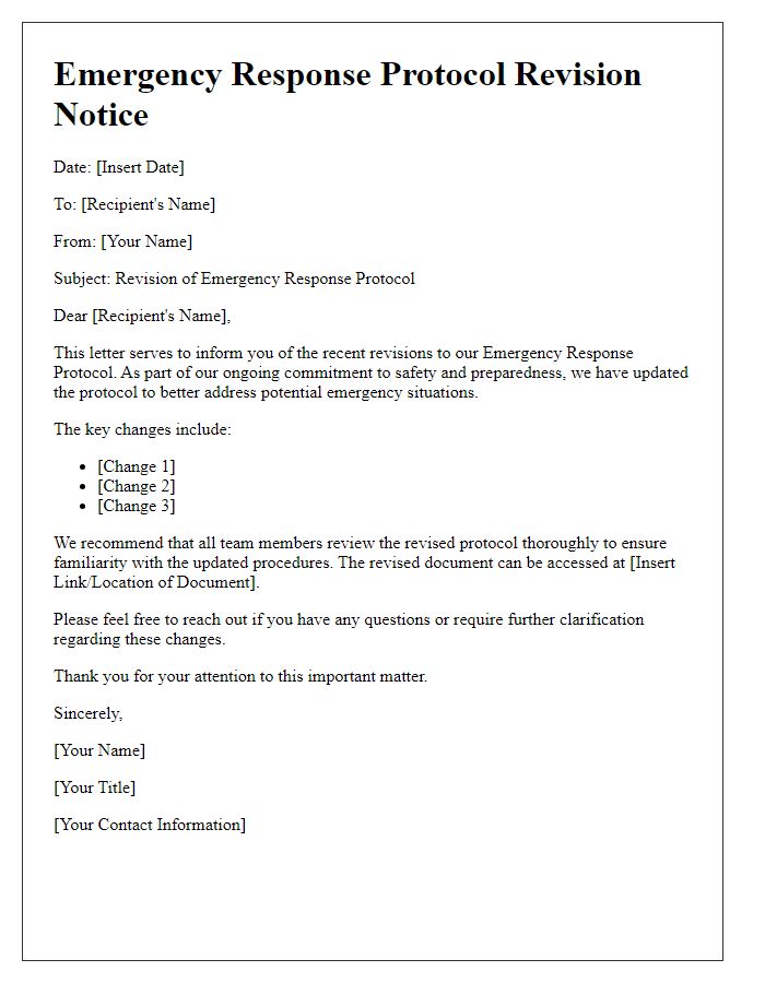 Letter template of emergency response protocol revision notice