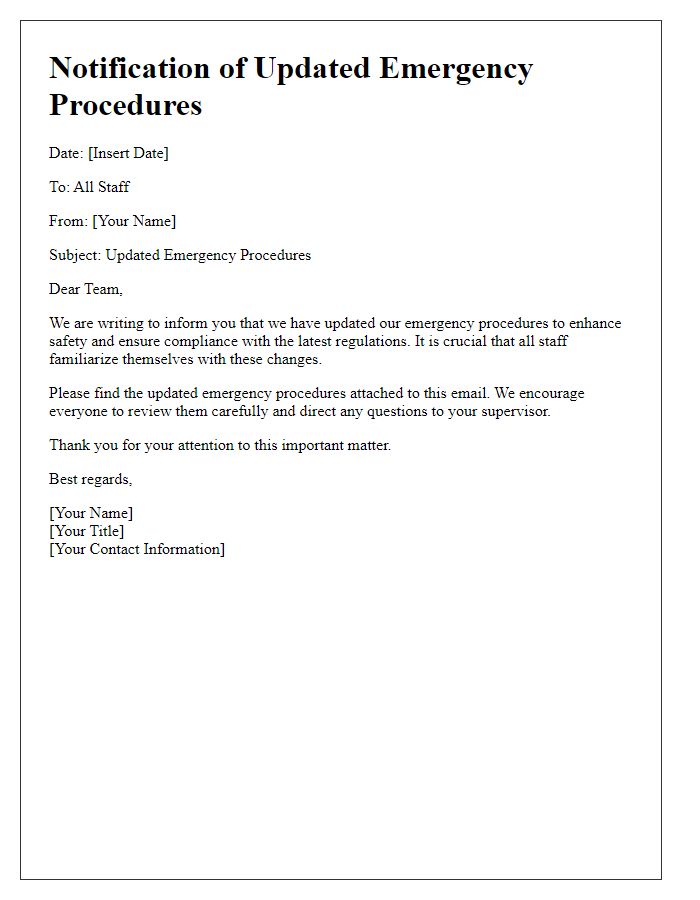 Letter template of notification for updated emergency procedures