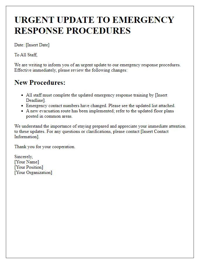 Letter template of urgent update to emergency response procedures