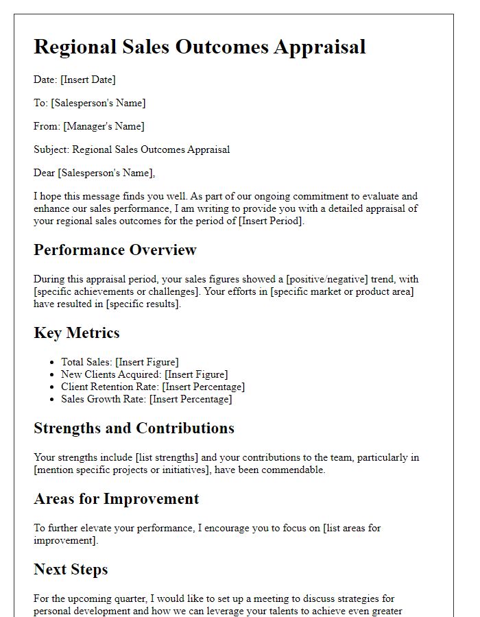 Letter template of regional sales outcomes appraisal