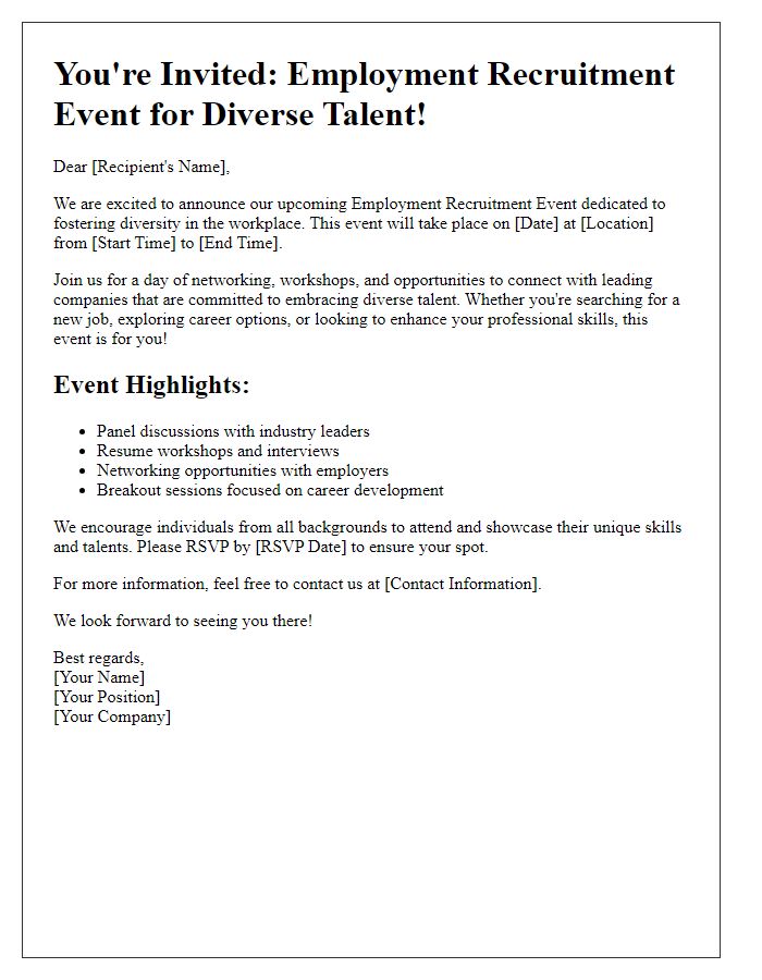 Letter template of Employment Recruitment Event for Diverse Talent