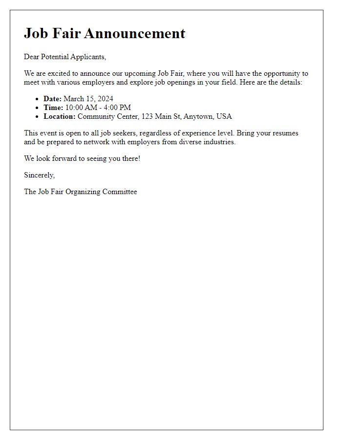 Letter template of Job Fair Announcement for Potential Applicants