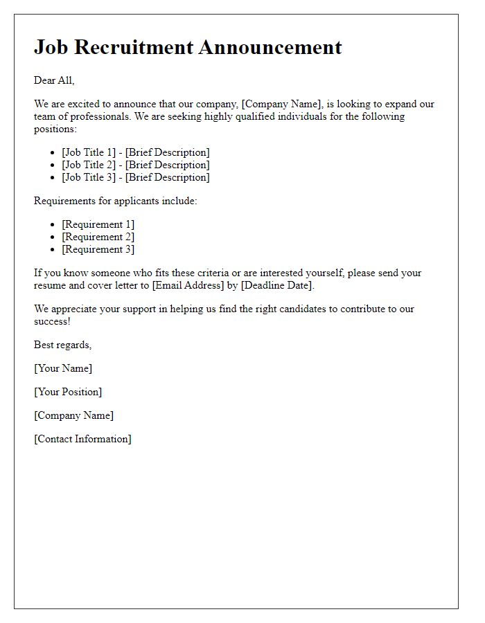 Letter template of Job Recruitment Announcement for Professionals