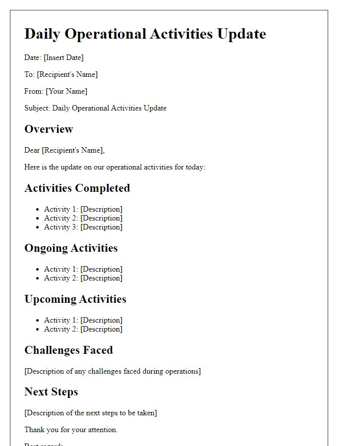 Letter template of daily operational activities update.