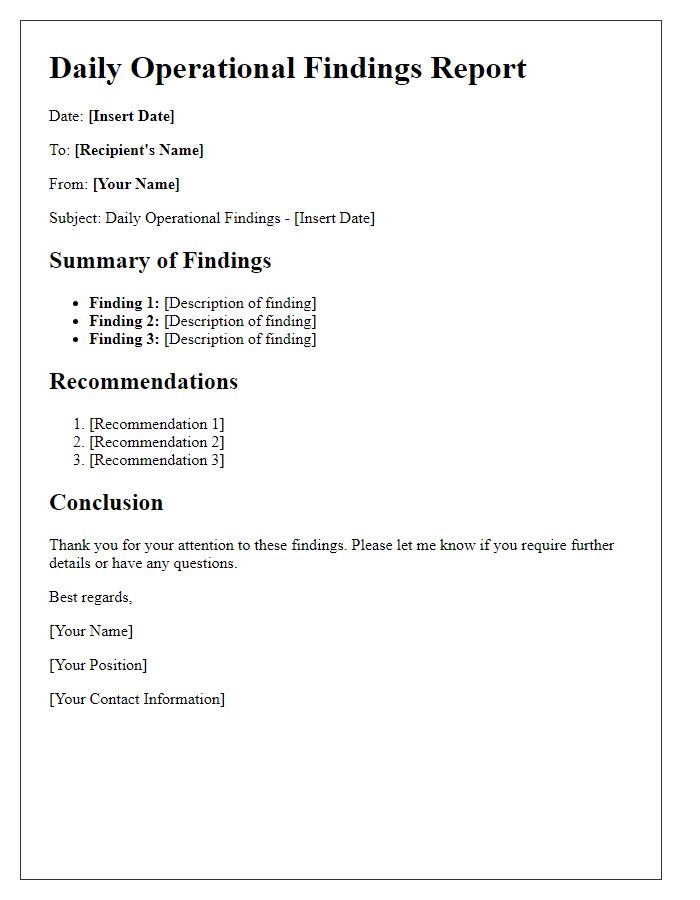 Letter template of daily operational findings report.